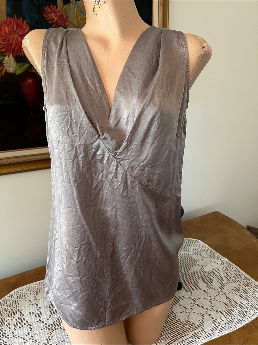 CAbi Taupe Satin Sleeveless V-Neck Blouse